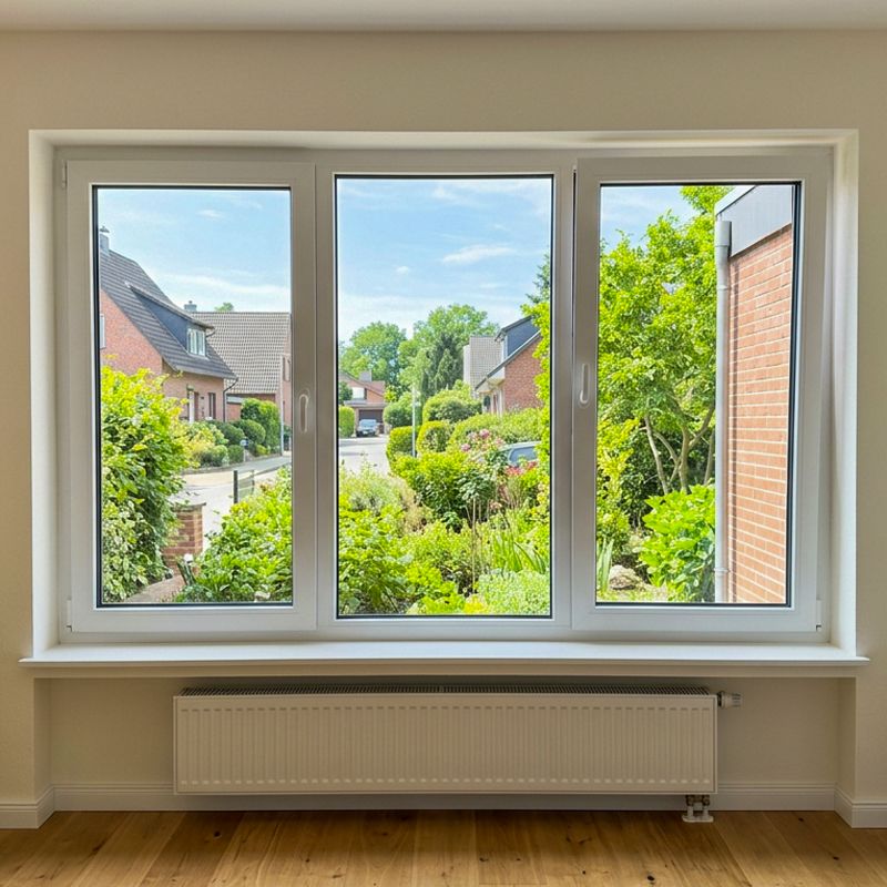 Großes dreiflügeliges Kunststofffenster im hellen Wohnzimmer mit Blick in die Nachbarschaft