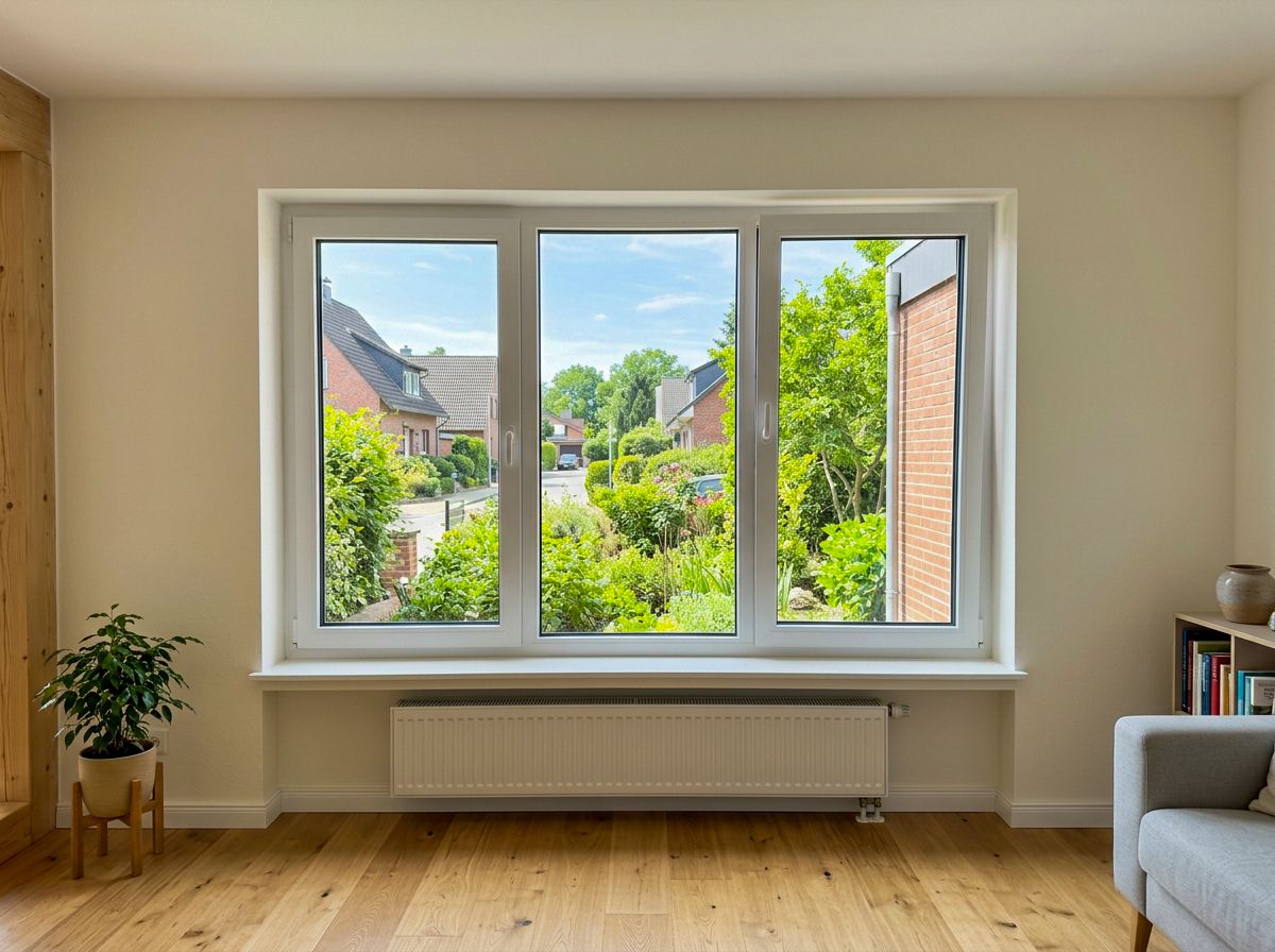 Großes dreiflügeliges Kunststofffenster im hellen Wohnzimmer mit Blick in die Nachbarschaft