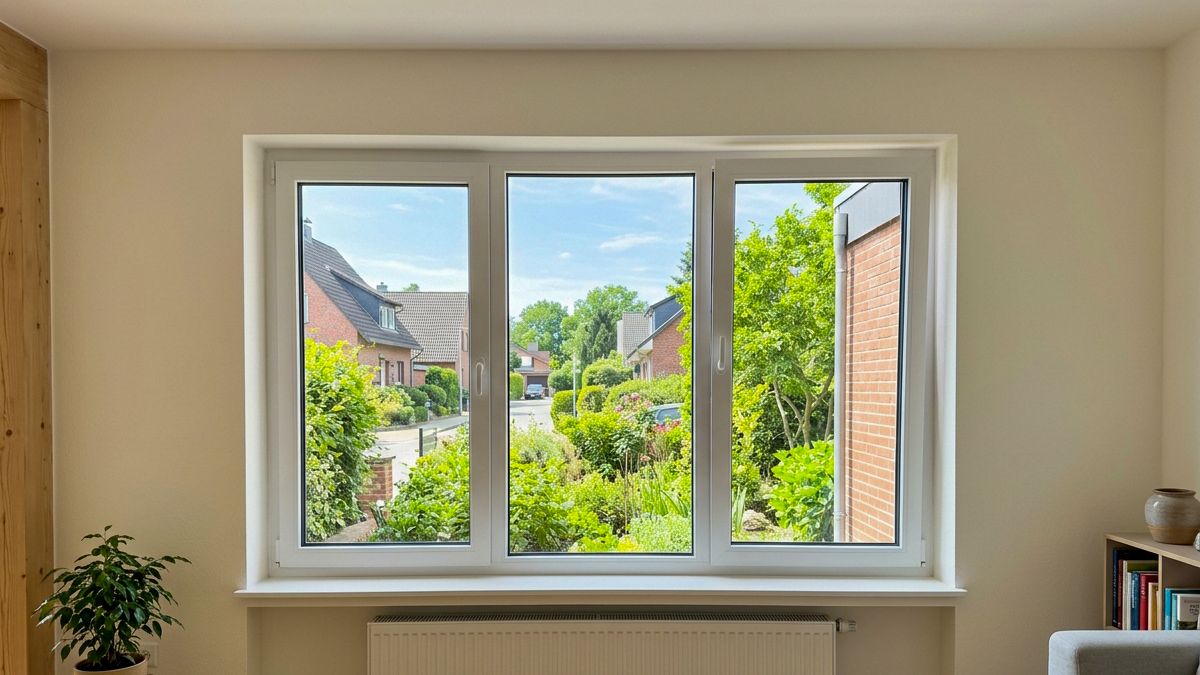 Großes dreiflügeliges Kunststofffenster im hellen Wohnzimmer mit Blick in die Nachbarschaft