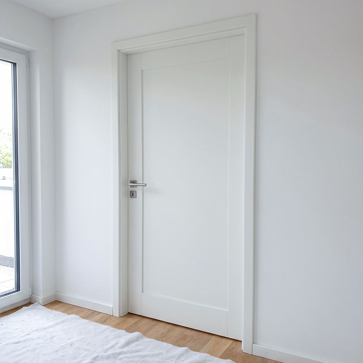 Fertig eingebauter weißer Türrahmen mit Zarge und verputzter Anschlussfuge in hellem Wohnraum