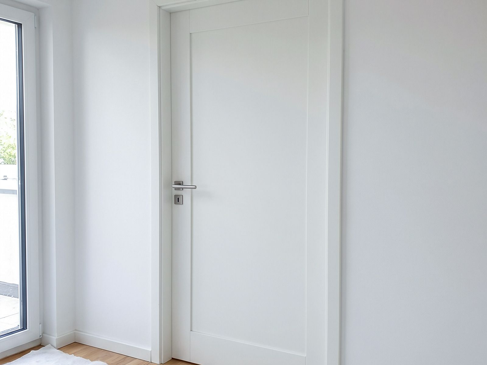 Fertig eingebauter weißer Türrahmen mit Zarge und verputzter Anschlussfuge in hellem Wohnraum