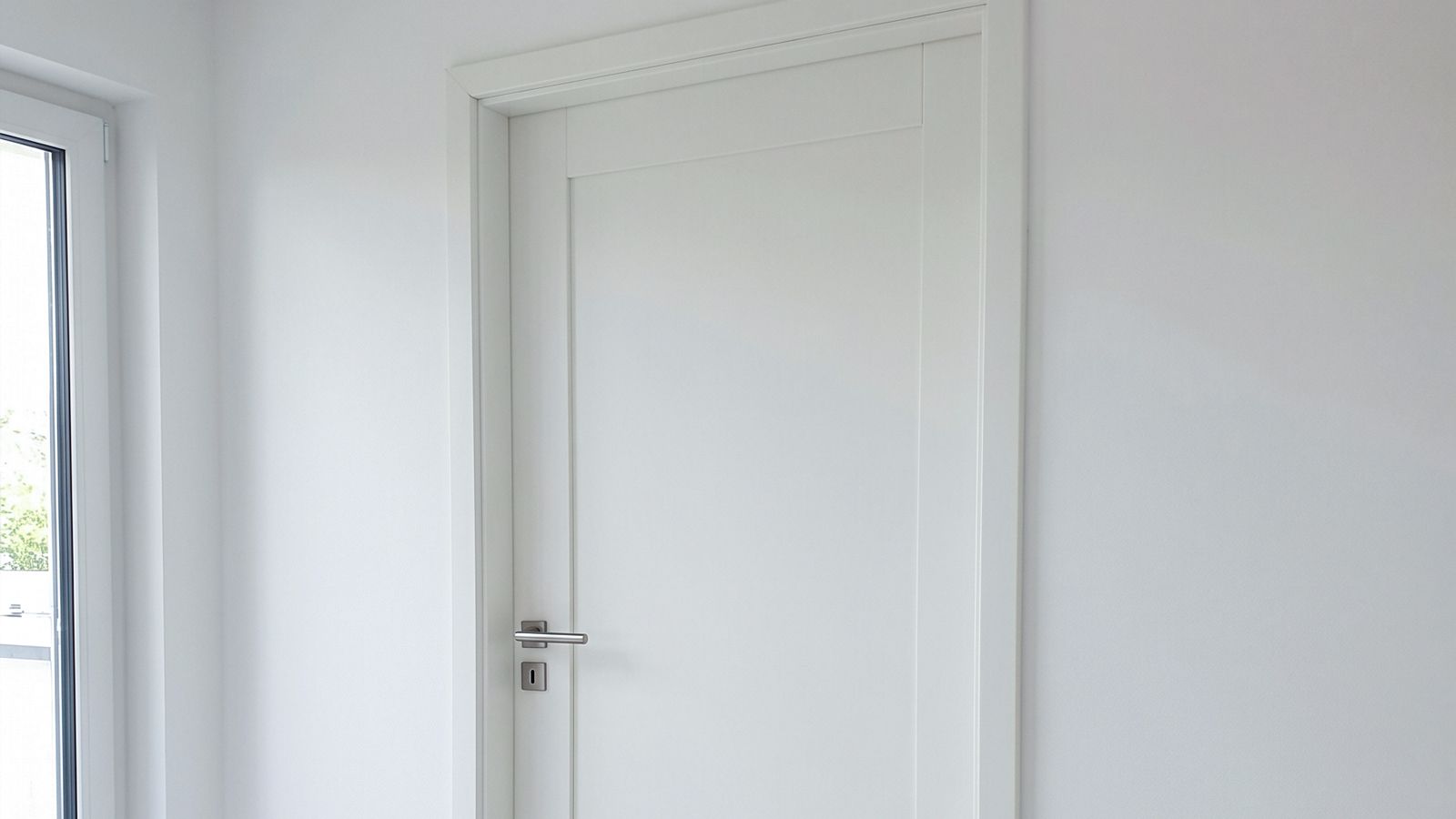 Fertig eingebauter weißer Türrahmen mit Zarge und verputzter Anschlussfuge in hellem Wohnraum